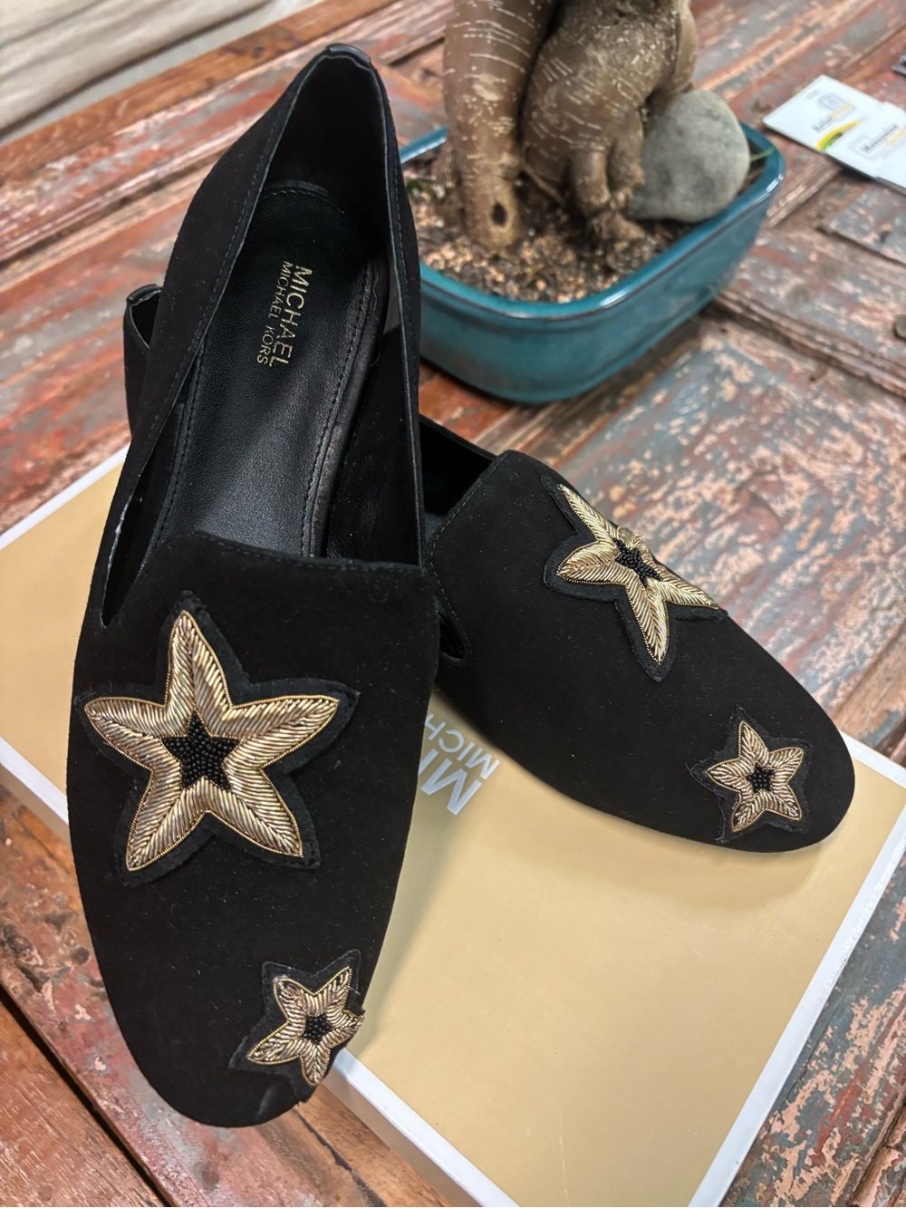 MICHAEL Michael Kors Black Suede Loafers with Gold Star Appliqués